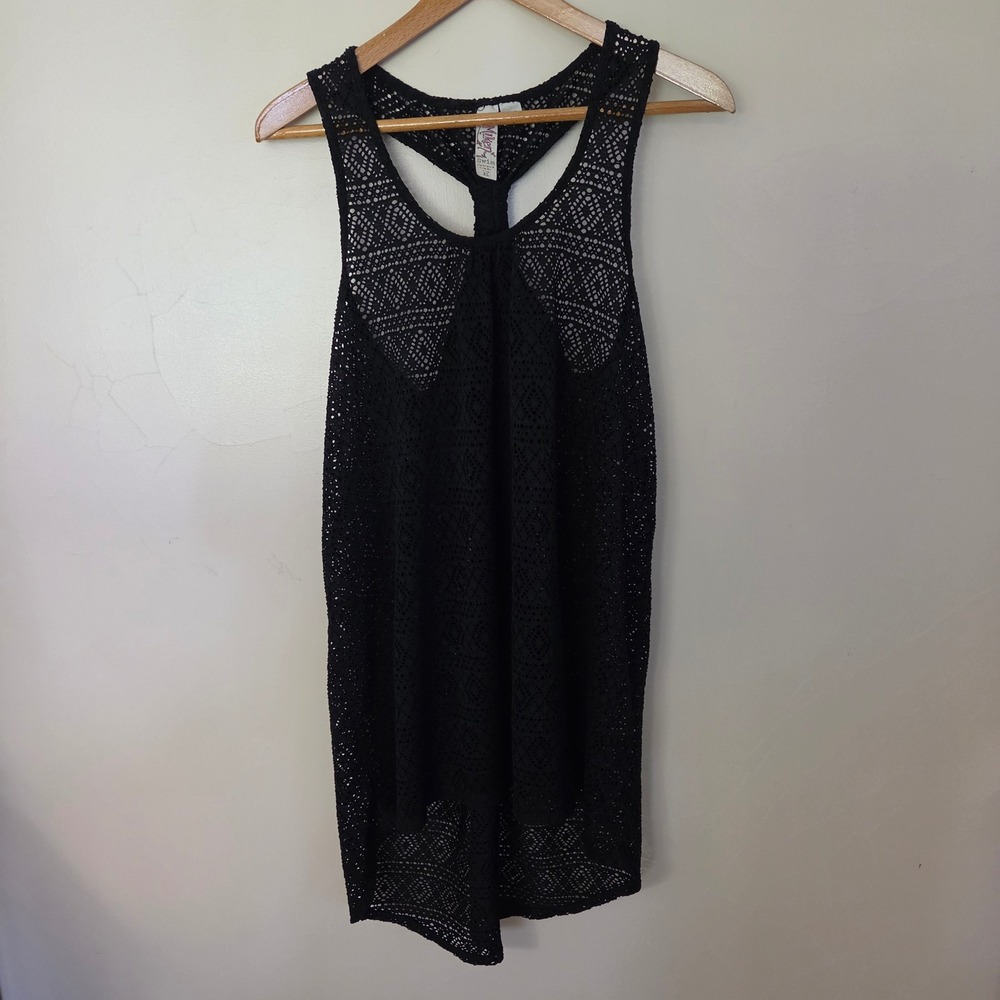 Miken Swim Black Crochet Mesh Racer Back High Low Beach Cover Up XL Coastal Boho
